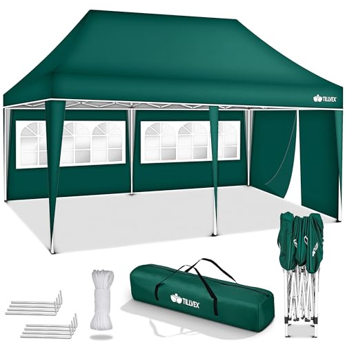 tillvex® Pavillon 3x6m Wasserdicht mit 3 Seitenteilen | Stabil & Winterfest | Pop-Up Faltpavillon Höhenverstellbar | Gartenzelt UV 50+ | Partyzelt Klappbar mit Tasche für Garten Camping Festival Party