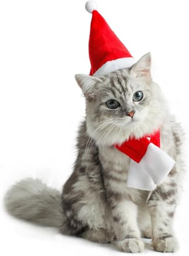 SULOLI Weihnachtskostüm für Hunde und Katzen, Weihnachtsmützen und Schals für Haustiere, Weihnachtsdekoration für Hunde und Katzen, Rot, 2 Stück