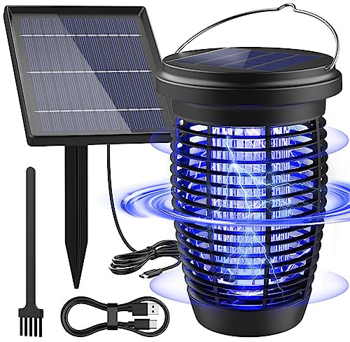 PALONE Solare Lampada Antizanzare, Ricaricabile Zanzariera Elettrica 4500V USB C UV Lampada Zanzare con 4W/5V Staffe Solare & Cavo 3,5M e 1M Type-C Cavo per Esterno Interno