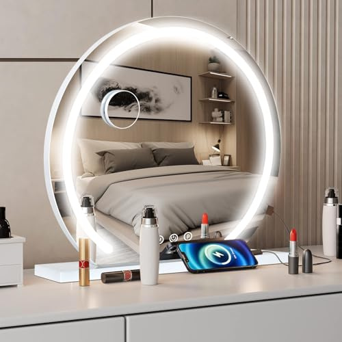 YOURLITE Hollywood Vanity Mirror with Lights, 60cm Round Makeup Mirror | USB Charging Port, Dimmable LED Bulbs, 3 Light Modes, Touch Control, Tabletop & Wall Mounted Bedroom Mirror