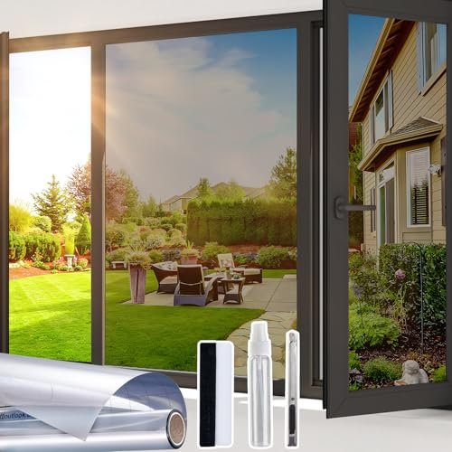 Beautysaid One Way Window Film Privacy Film for Glass Windows, Heat Control Reflective Mirror Window Tint Film Home, UV Sun Blocker Anti Glare Vinyl House Doors Cover with Tools, Silver, 44.5 x 200cm