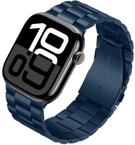 Tasikar Bracelet en métal compatible avec Apple Watch 46mm (série 11/10) 45mm 44mm 42mm Bracelet en acier inoxydable compatible avec Apple Watch Ultra 3 2 1 SE Séries 10 9 8 7 6 5 4 3, Bleu