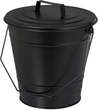 Relaxdays Secchio Raccogli Cenere con Coperchio, Cestello da 7 L per Carbone, Secchiello per Camino e Stufa, Ferro, Nero