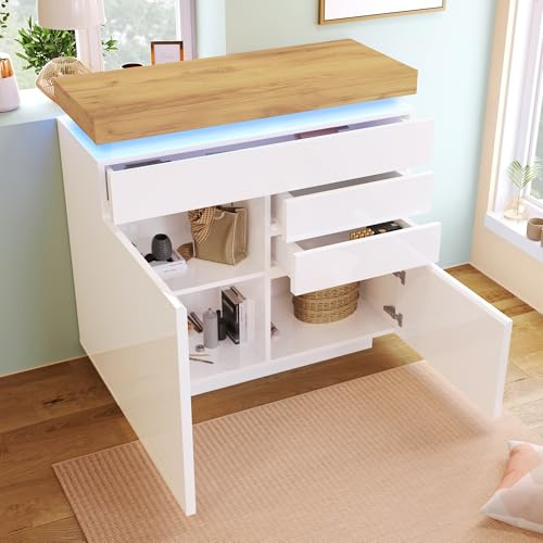 soges Sideboard mit LED-Beleuchtung Anrichte mit Hochglanz-Oberfläche Sideboard LED-Kommode-mit 3 Schubladen und 2 Türen für Wohnzimmer und Schlafzimmer, 110 x 39 x 115 cm, Weiß