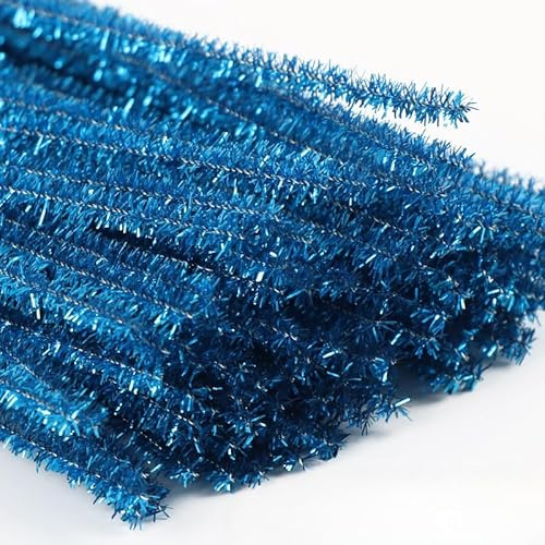 YKAFADE 200 Stück Pfeifenputzer Zum Basteln, Pfeifenputzer Glitzer Chenilledraht für DIY Basteln Lang 30cm Breit 6mm Bunt Biegeplüsch Basteldraht für Weihnachten DIY Handwerk Dekorationen -Blau