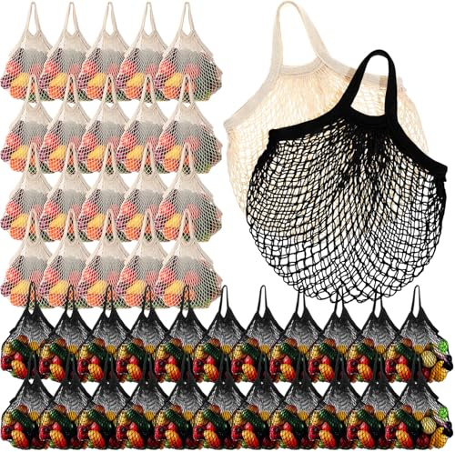 Paterr Wiederverwendbare Baumwoll-Mesh-Produktbeutel, waschbar, Einkaufstaschen, tragbare Einkaufstasche, Organizer mit Griff für Obst, Gemüse, Lebensmittelaufbewahrung, Markt (beige und schwarz), 50