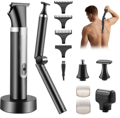Gxpjycfob Men's Back Shaver and Body Trimmer, 4-in-1 Electric Body Groomer with Extendable Handle, IPX7 Waterproof, Adjustable Speed, Cordless for Back, Chest, Face, Nose Hair Removal