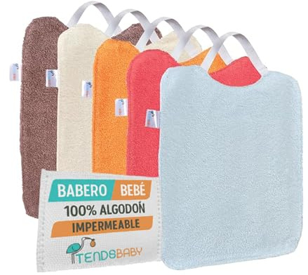 TENDS Pack de 5 Baberos Bebé impermeables con goma elástica - Baberos BLW con Rizo de Algodón Suaves y Absorbentes para Guardería - Fáciles de Poner y quitar con tejido Repelente al Líquido (MARRÓN)