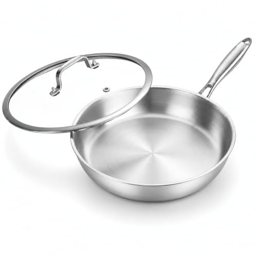 Nontoxicook 20cm Tri-Ply Stainless Steel Frying Pan with Lid | Small 7inch Omelette Egg Skillet, Induction Cooking Pan, Compatible with All Cooktops up to 315℃, Fast & Even Heat