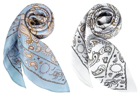 DAMILY 2 Stück Bandana Herren Kopftuch, Seidig Vintage Bandana Damen und Herren Set, Farbig Kopf Square Schal Satin Kopftuch 70 x 70cm (Blau/Weiß)