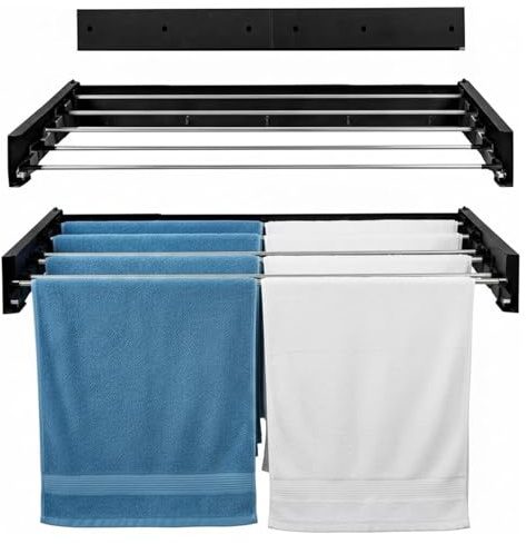 Wall Mounted Clothes Airer 100cm, Foldable Retractable Laundry Drying Rack | Black Heavy Duty Construction, Space Saving Design, Foldable & Retractable, 120cm Wide, For Clothes Towels & Bedding