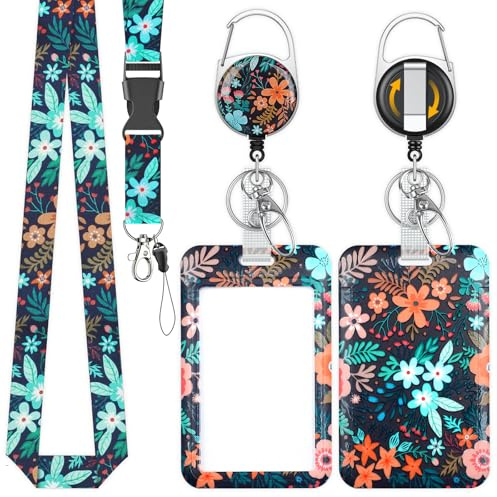 Uniclife Modischer Schiebe-Ausweishalter, Blumen-Muster Plastikkartenhalter mit einziehbarer Ausweisrolle, Karabinerhaken & abnehmbarem Lanyard, vertikaler Kartenhalter für Büroangestellte, Lehrer