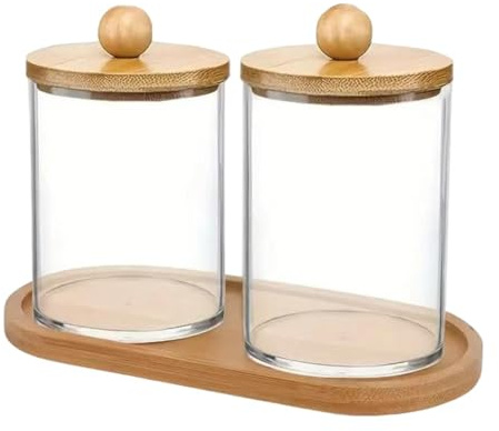MagiDeal Porta bastoncini cotonati, dispenser per bastoncini cotonati, trasparente con vassoio in bambù, contenitore per cosmetici, contenitore per cosmetici, 2 Tazze