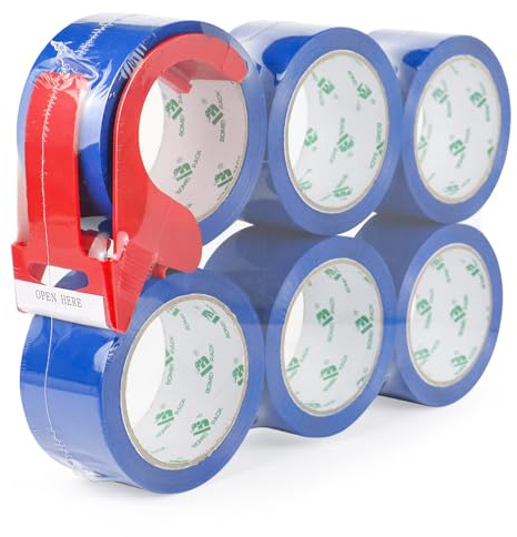BOMEI PACK 6 rouleaux Ruban d’emballage 66m x 48mm pour emballage - avec dévidoir,impression adhésif fort pour colis, entrepôt, e-commerce (Bleu)