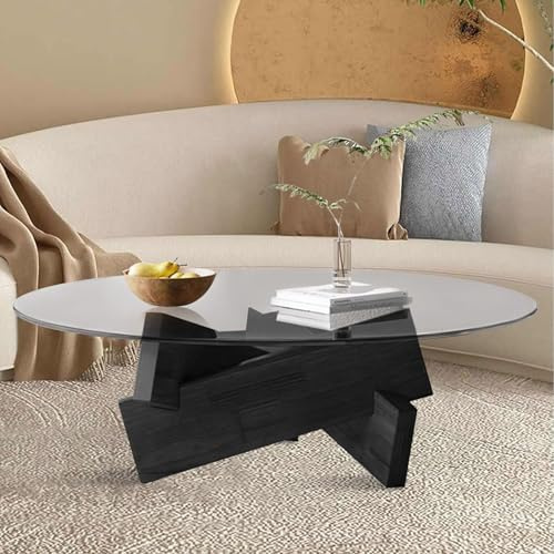 Round Coffee Table with Glass Tempered Top & Solid Wood Base, Glass Side Table or Centre Tables for Living Room Office Lounge Bedroom Small Flat Dorms Dens (Black, 80x80x41cm)