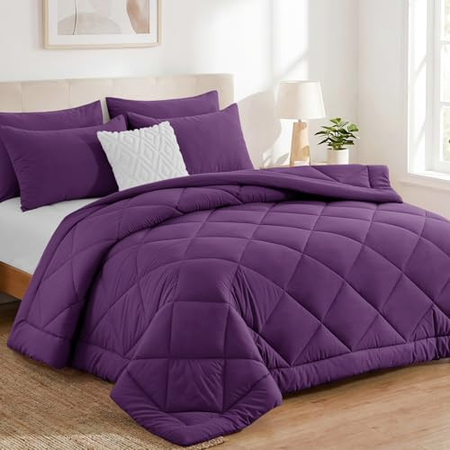 Aisbo Coverless Duvet Double Size 10.5 Tog - 200x 200cm, Purple Duvet with 2 Pillowcases Soft Lightweight Comforter Set for All Seasons
