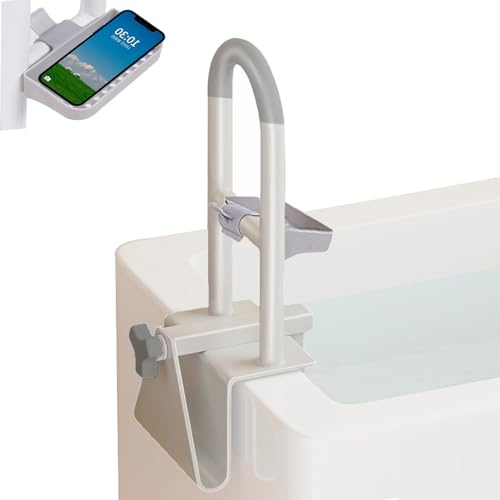 Barre d’Appui Baignoire Senior, Poignée Sécurité Sans Percage,Aide à l'entrée de baignoire réglable 8 à 16 cm, Salle de Bain Antidérapante Blanche,Gris