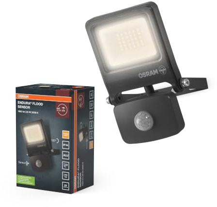 OSRAM Reflector Exterior con Sensor ENDURA 20W 3000K Gris IP65 | ENDURA® Flood Sensor Warm White PCR, Stand Luminaire and Ceiling Floodlight, Gris oscuro, 30000 h, Paquete de 1