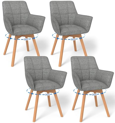 WAFTING 4er Set 360° Drehbare Esszimmerstühle mit Holzbeinen | Moderner Armlehne Polsterstuhl mit Stoffrückenlehne für Esszimmer Wohnzimmer Küche Schlafzimmer Dunkelgrau