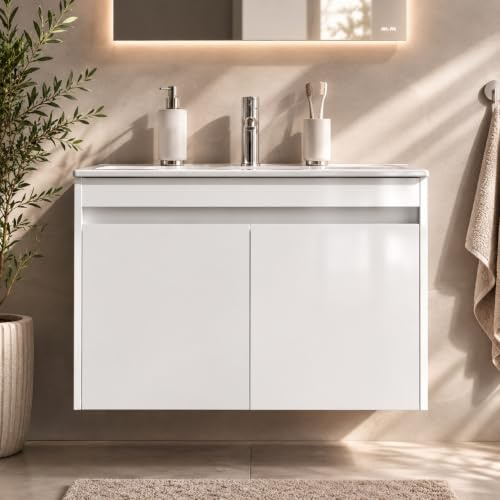AM.PM Spike Waschbeckenunterschrank Hängend mit Waschbecken, Badmöbel Set für Badezimmer & Gäste-WC, Waschtischunterschrank mit 2 Schubladen, Weiß, 80cm (Weiß - Spike - 80cm)