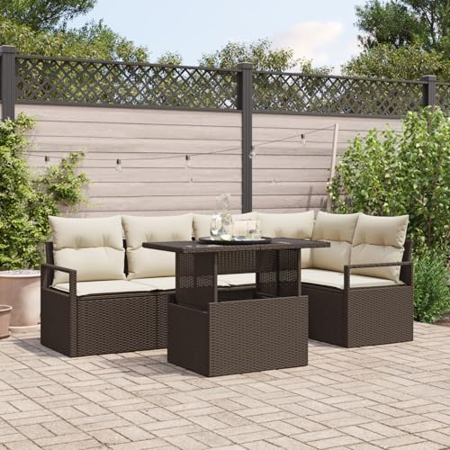 IBUQDDV 6-TLG. Garten-Sofagarnitur mit Kissen in Braun und Creme aus Poly Rattan für Terrasse und Balkon, Wetterbeständige Lounge Möbel mit Stahlrahmen und Polsterauflagen