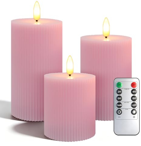 KiimLaa LED Kerzen 3er Set, Flammenlose Kerzen batteriebetrieben mit Fernbedienung Timerfunktion, Streifenmuster Echtwachs Dimmbar Elektrische Kerzen für Wohnzimmer/Outdoor/Garten/Hochzeit (Rosa)