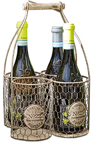 Loberon Flaschenkorb Alexandre, mit antikem Shabby-Finish, formschöner Griff, bietet Platz für Vier Flaschen, Outdoor, Tischdekoration, Eisen, Tannenholz, grau
