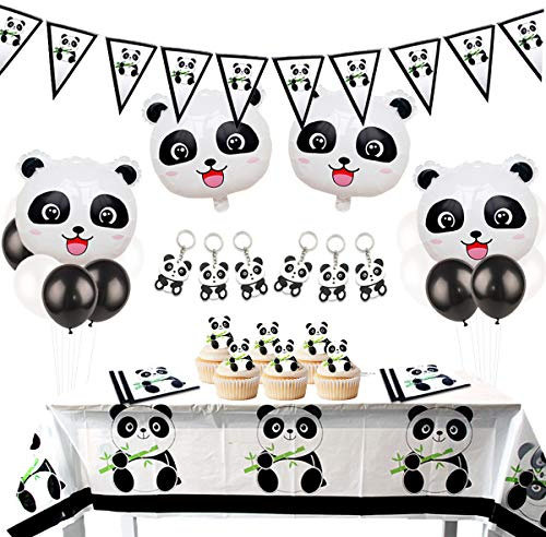 JOYMEMO Panda-Dekorationsset für Geburtstagsparty, mit Wimpel-Girlande, Panda-Schlüsselanhänger, Luftballons aus Mylar, für Mädchen, Babyparty