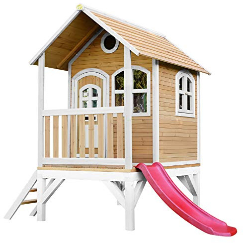 AXI Spielhaus Tom mit roter Rutsche | Stelzenhaus in Braun & Weiß aus FSC Holz für Kinder | Spielturm für den Garten