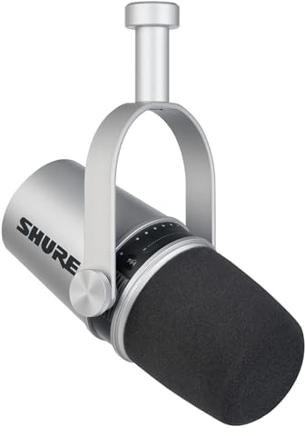 Shure MV7 USB Podcast Microphone for Podcasting, Recording, Live Streaming & Gaming, Built-in Headphone Output, All Metal USB/XLR Dynamic Mic, Voice-Isolating Technology, TeamSpeak Certified - Silver