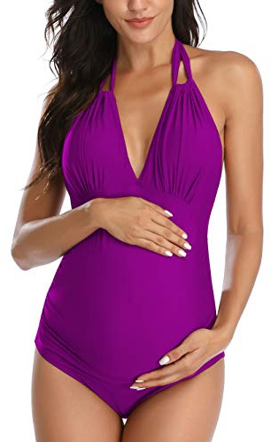 EastElegant Costumi da Bagno Premaman Un Pezzo V-Collo Gravidanza Costumi da Bagno Halter Bikini Premaman, Viola, L