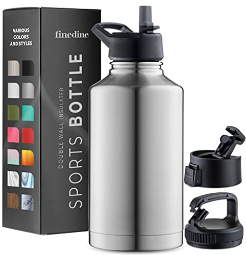 FineDine Triple Walled, Insulated Water Bottles with Straw - 64 Oz Stainless Steel Metal Bottle W/ 3 Leak Proof Lids - For Travel, School, Sports, Gym / Men, Women & Kids - Brushed Stainless Steel