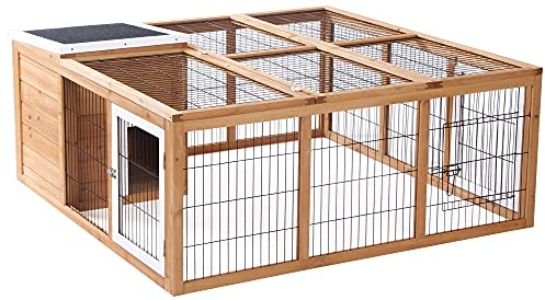 PawHut Kaninchenstall Kleintiergehege mit Dach zum Öffnen Kleintierkäfig Meerschweinchenstall mit Freigehege für draußen wetterbeständig Tannenholz Natur 123 x 120 x 52 cm