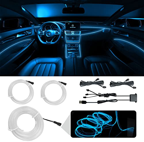 WOWLED Ice Blue El Wire Luces interiores para automóvil, 3 en 1 Kit de luz de neón USB para iluminación ambiental de automóvil Luces de ambiente para decoración de borde de costura interior (5m / 5V)