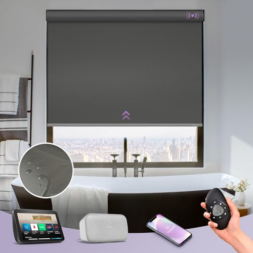Graywind Waterproof Blackout Smart Blinds - Customised Electric Roller Blinds for Windows, Motorised Shades for Alexa & Google, Rechargeable with Remote Control, Dark Grey