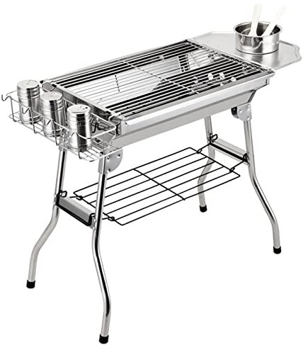 Tragbar Holzkohlegrills Klein Edelstahl Grill BBQ Klappbar Kochutensilien BBQ Grill Kit mit Gewürzteller und Körbchen für Picknick Camping Barbecue Party,Silver