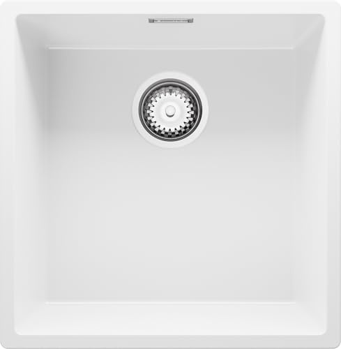 PRIMAGRAN Evier Cuisine en Granit au Meuble 50cm + Kit de Vidage, 46x47cm | Set: Kit de Vidage (Siphon, bonde d’évacuation, trop-plein) + Lavabo 1 Bac - London, Blanc