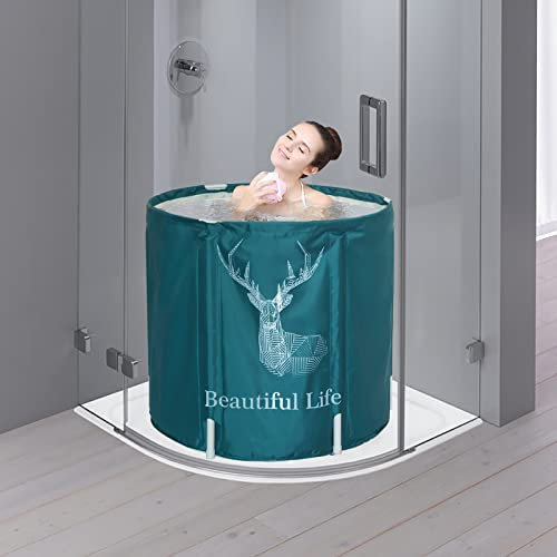 Sinbide Bañera Portátil para Adultos Bañera Plegable de Adultos y Niños Bañera Móvil de SPA Lavabo de Baño con Espuma Térmica Mantenimiento Bañera de Inmersión Ducha Mini Piscina Bebés (Verde)