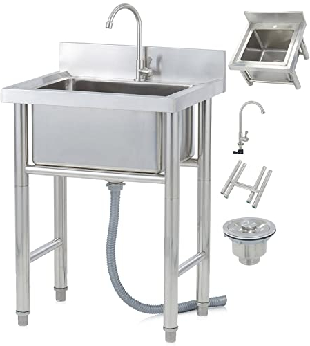 Freistehende Edelstahl Spültisch Gastro 1 Becken Mobile Spüle Spülbecken 60×60×80 cm Gewerbliche Restaurant Spülbecken Waschtisch mit Wasserhahn für Außen, Innen, Küche,Campingküche