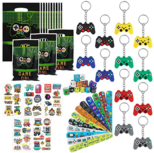 Bomtop 41 Pezzi Videogiochi Gadget Compleanno Bambini, Pignatta Compleanno Bambino, Portachiavi Gioco, Braccialetti, Tatuaggio Luminoso, Sacchetti Caramelle, Regalini Fine Festa Compleanno Bambini