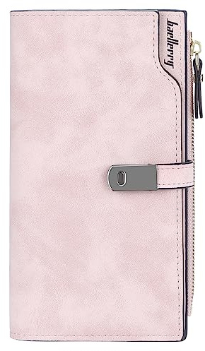 HMOOM Geldbörse Damen Vintage Style, Portmonee Damen Groß (Rosa-L) | Langer Geldbeutel Damen mit RFID-Blockierung, 27 Kartenfächern & Organizer Fach, Hochwertiges PU Portemonnaie Frauen