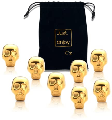 Catrinaz® – Whisky-Steine ​​– Exklusive WhiskySteine ​​aus rostfreiem Edelstahl – Farbe oder – 8 Stück – Hochwertige Qualität – Totenkopf – Beutel aus Velour
