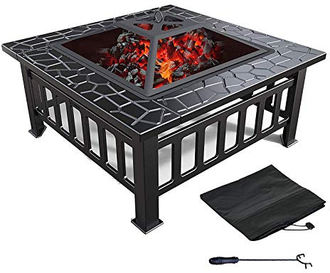 ZAANU Quadratische BBQ-Feuerschale, mit wasserfester Spark Screen Poker-Feuerstelle, 30-Zoll-Holzfeuerstellen