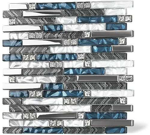 Elephantile Blaugrüne Glas-Mosaikfliesen, 5 Blatt, 30,5 x 30,5 cm, klare 3D-Kristalle, ineinandergreifende Wandfliesen, moderne silberfarbene strukturierte Glasfliesen für Küche, Backsplash