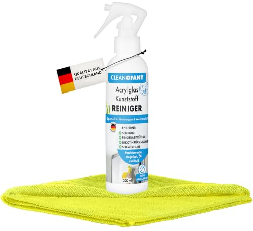 CLEANOFANT Acrylglas Kunststoff REINIGER Set | 200 ml + Mikrofasertuch | Für Wohnwagen- & Wohnmobil-Fenster - Verhindert Spannungsrisse & Blindstellen - Für Kunststoff-Fenster & Lichtkuppeln