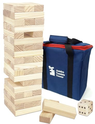 Jac & Mok Wackelturm Tumble Tower Spiel Holz Toppling Blocks Spielzeug mit Tragetasche (Jumbo Tumble Tower (54 Stück) mit Würfeln)