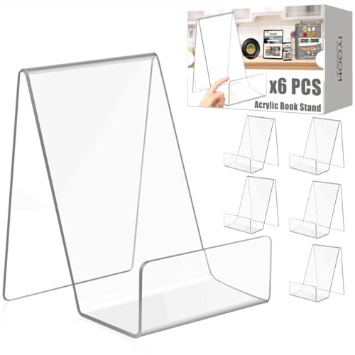 6 Pack Acrylic Book Stands for Display, Clear Book Holder Display Stand, 4-Inch Small Easel Picture Stands for Vinyl, Photo, Postcard, Magazine (with Protective Film)