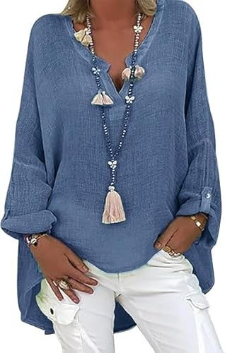Blusa de lino para mujer, muselina, blusa de verano, túnicas para mujer, blusa larga, túnica grande, túnica, cuello en V, tallas grandes, camisa de lino, camiseta de lino, azul oscuro, XL