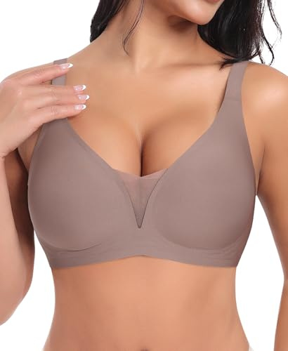 Ganado Soutien Gorge sans Armature Femme Brassière Push up Dentelle Col en V Profond Brassiere Classiques Bralette sans Coutures Coton, Marron, XXL
