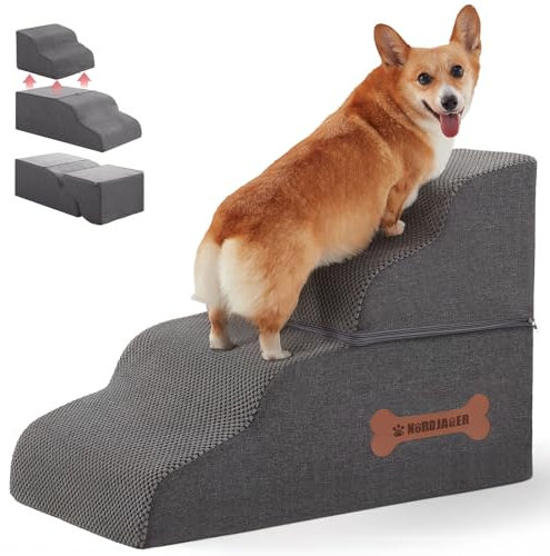 Dog Stairs 4 Steps for Small Dogs and Cats to Get on High Beds, Couch or Car, Pets Can Climb, Sit, Lie Down or Perch to Look Out Windows on The Spliceable Ramp, Provides Support, Grey（19 H）